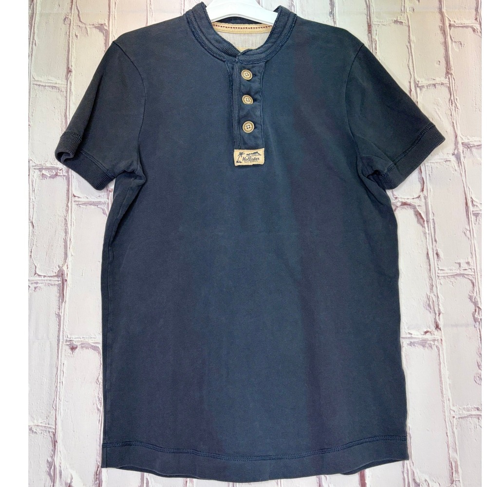 VTG Y2K Hollister Henley Shirt Navy Blue Short Sleeve Cotton Casual Mens Size M